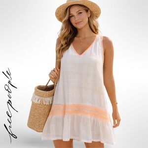 Free People Run With Me Ivory Plaid Mini Dress XS Neon Orange Embroidery NWT